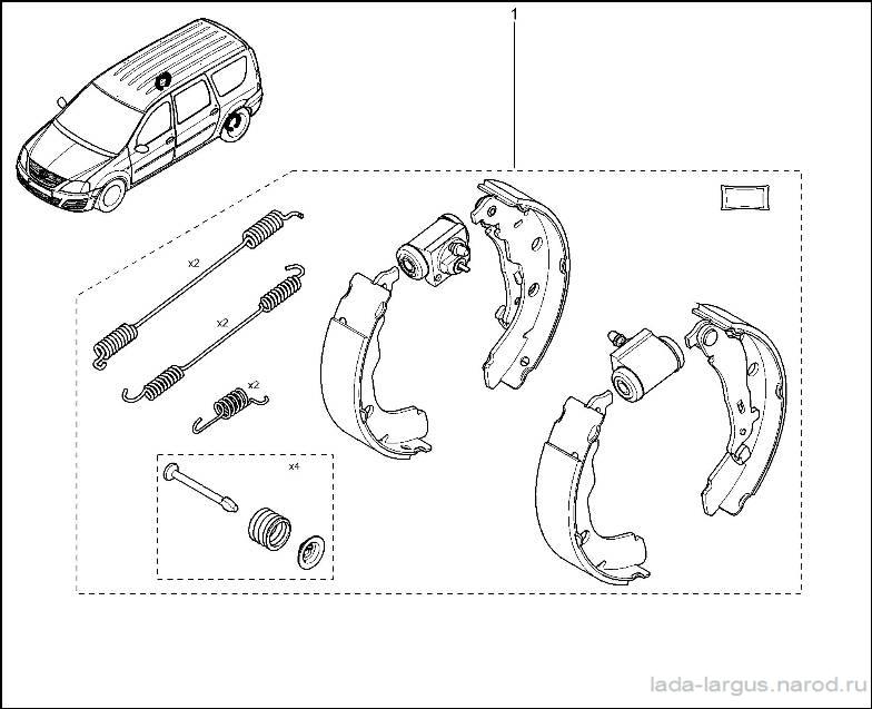 Комплект тормозного барабана (колодка, цилиндр, пружины) Lada Largus с ABS Комплект тормозного барабана (колодка, цилиндр, пружины) Lada Largus с ABS